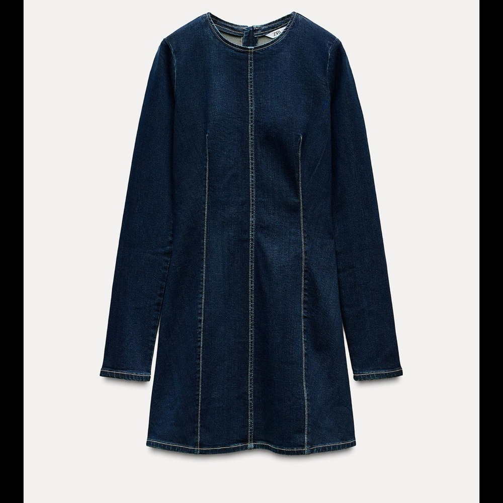 Zara Dark Blue Denim Long-Sleeve Mini Dress